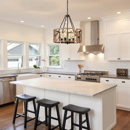 Black & Oak Farmhouse Chandelier – 4-Light Rustic Ceiling Fixture (19”)